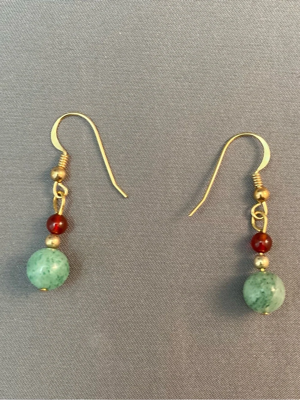 Handmade light jade and carnelian bead dangle earrings